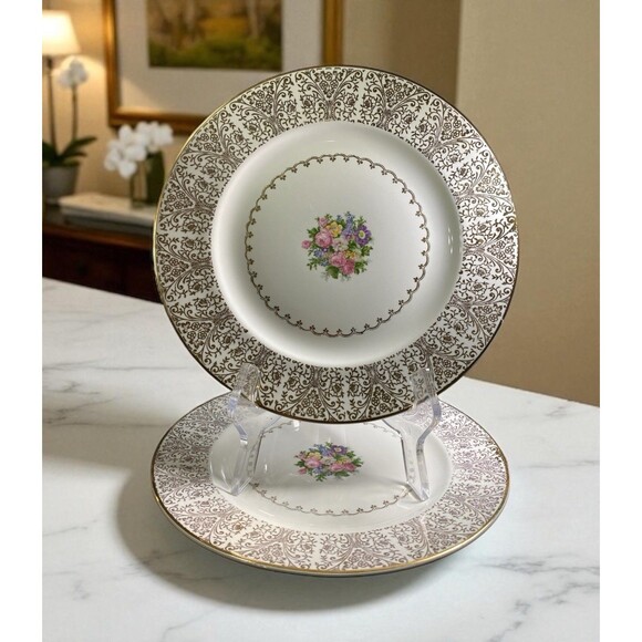 VTG Homer Laughlin Gold Lace Service Plates - Vintage Elegance - Rare Set of 2 - Picture 1 of 7
